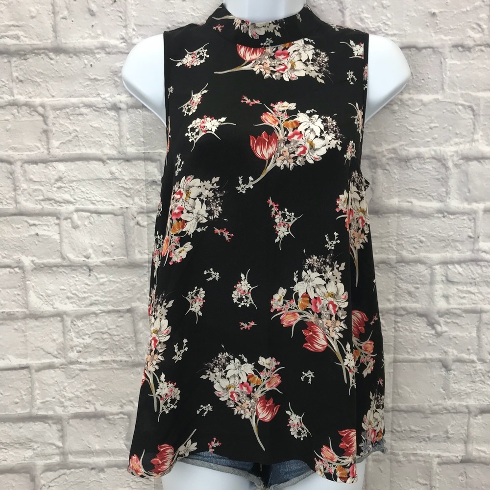 ANTHRO Maeve Black Floral Mock Neck Silk Blouse
